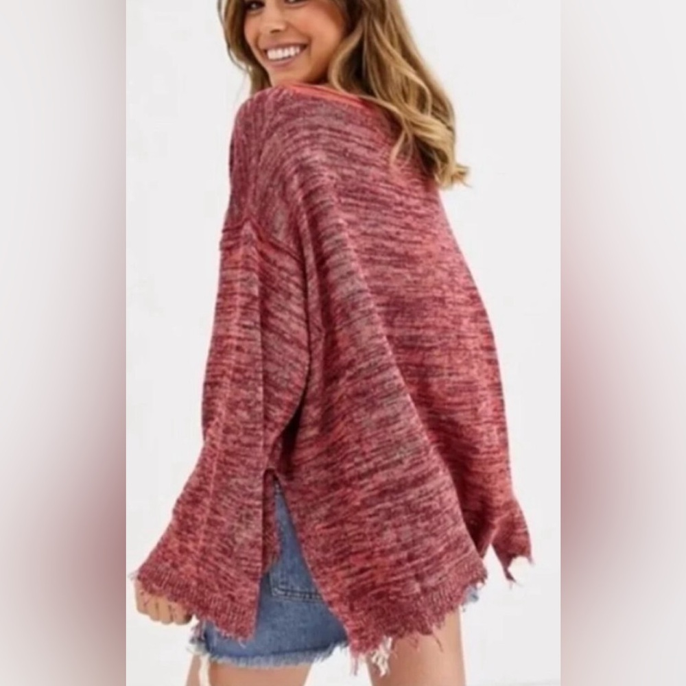 Free People Red Oversized Crew Neck Sweater